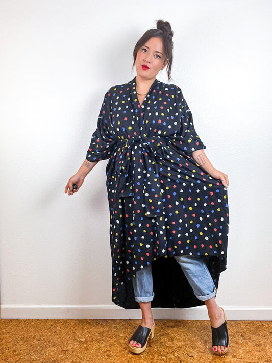 Print High Low Kimono Black Painted Dots Challis