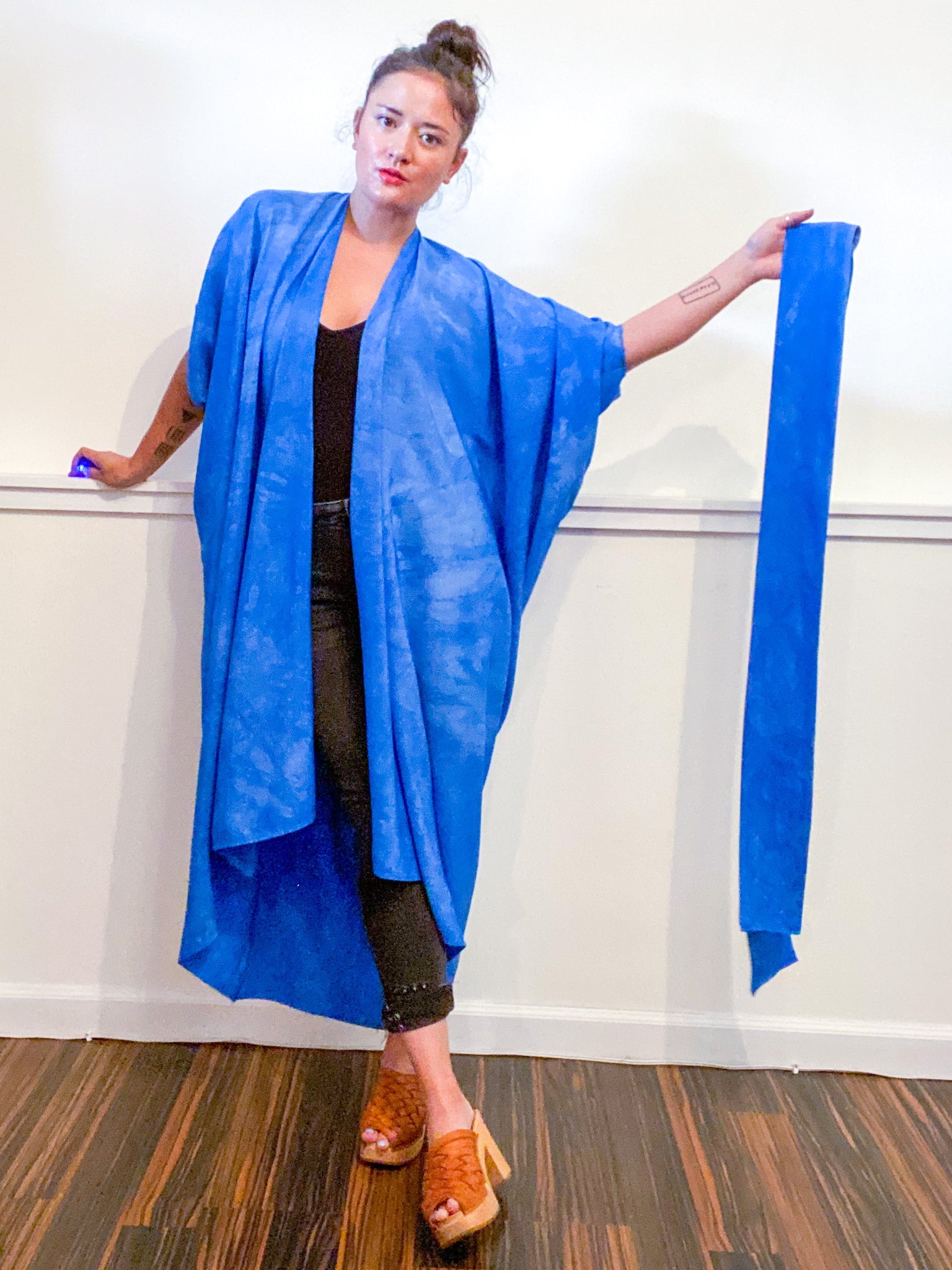Hand-Dyed High Low Kimono Almost Solid Blue
