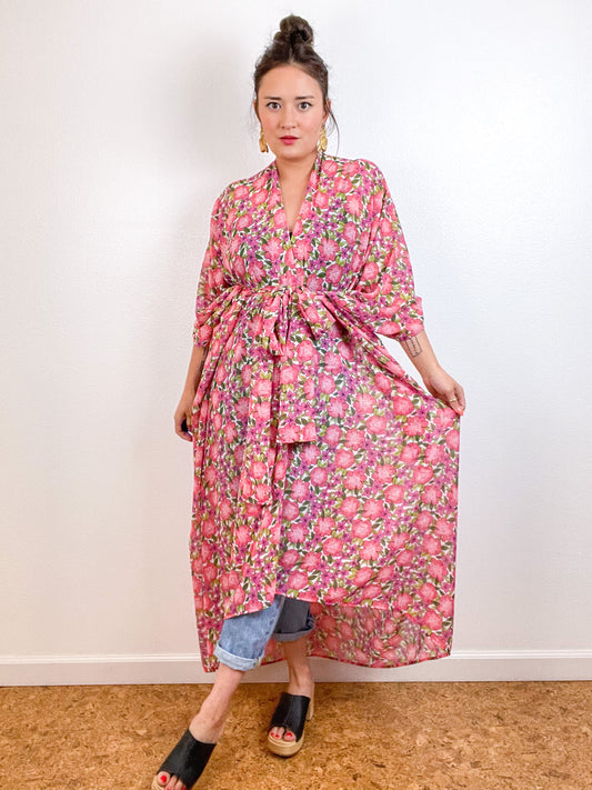 Print High Low Kimono Pink Pansy Floral Chiffon