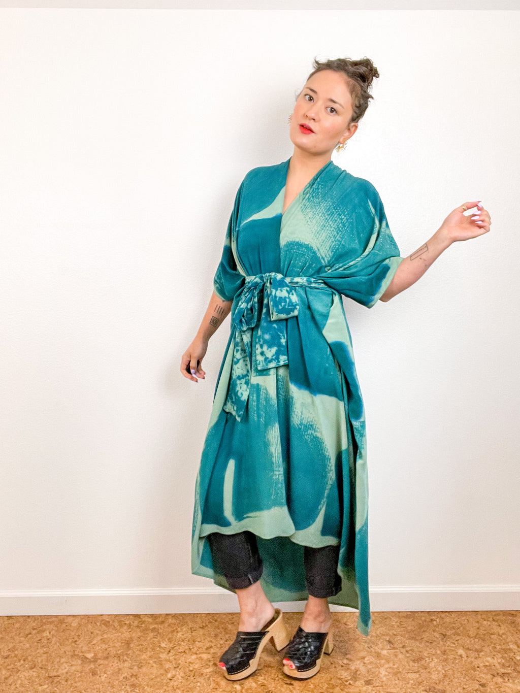 Hand-Dyed High Low Kimono Sage Teal Brushstroke