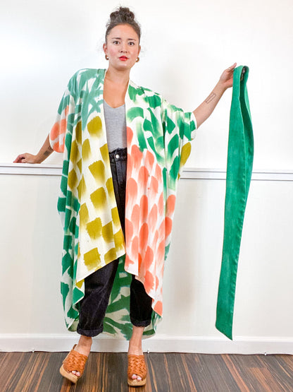 OOAK Hand-Dyed High Low Kimono Emerald Flamingo Amber Sea Brushstrokes