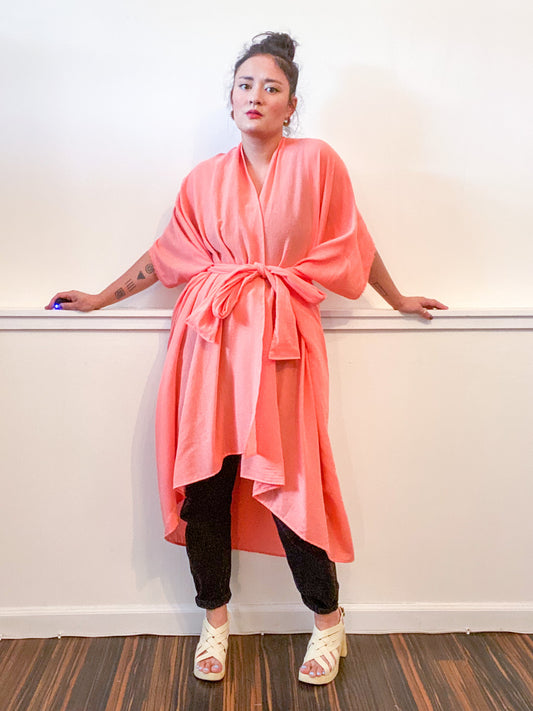 Solid High Low Kimono Peach Cotton Gauze