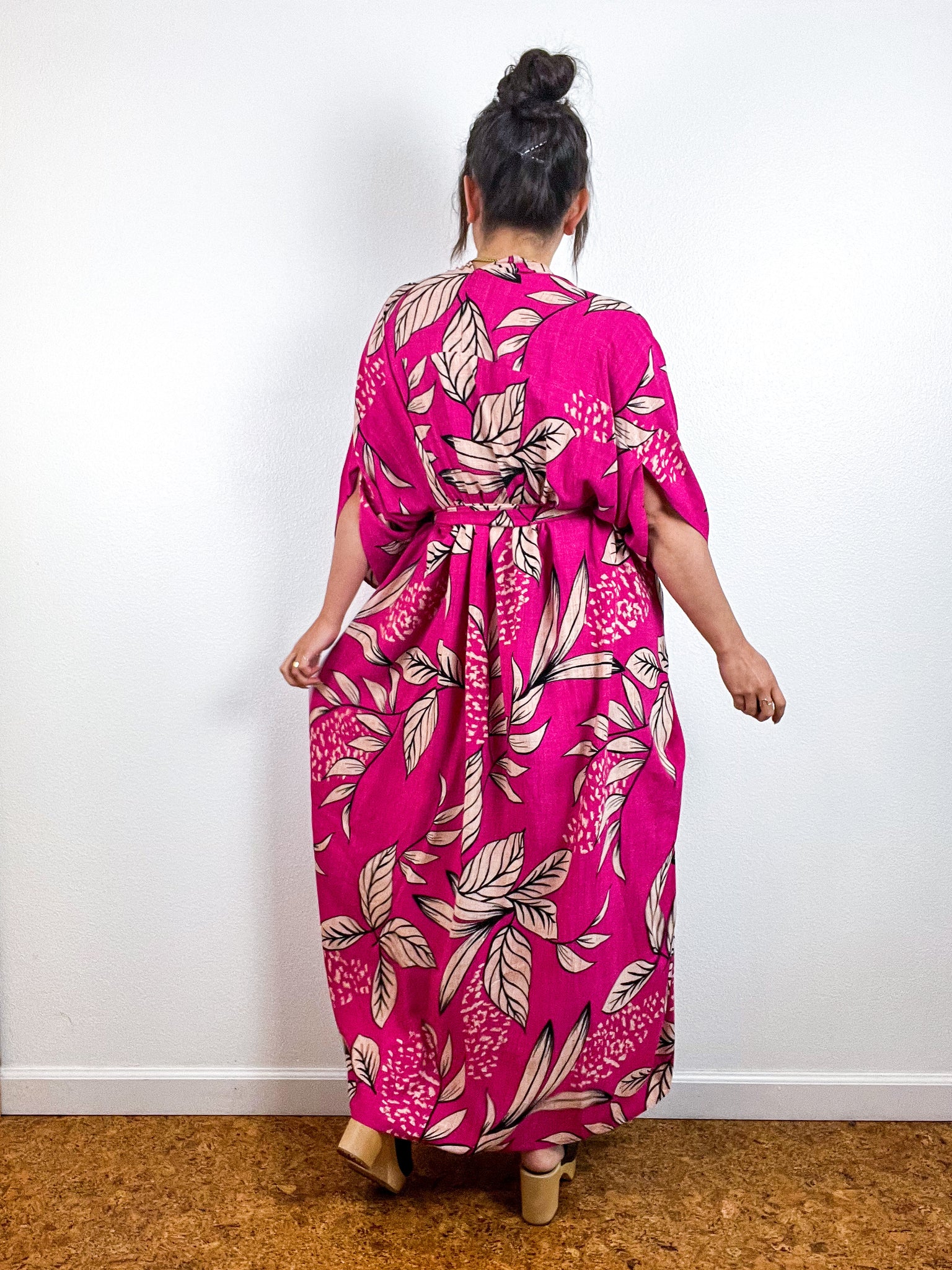 High Low Kimono Pink Tan Leaves Challis