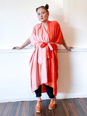 Hand-Dyed High Low Kimono Two Tone Powder Pink Tangerine