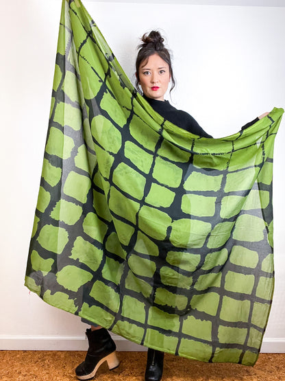 Hand-Dyed Cotton Voile Scarf Green Black Windowpane