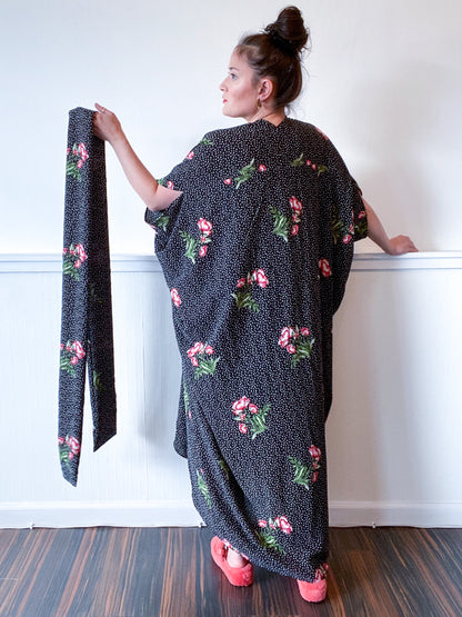 High Low Kimono Black Dots and Floral Bubble Crepe