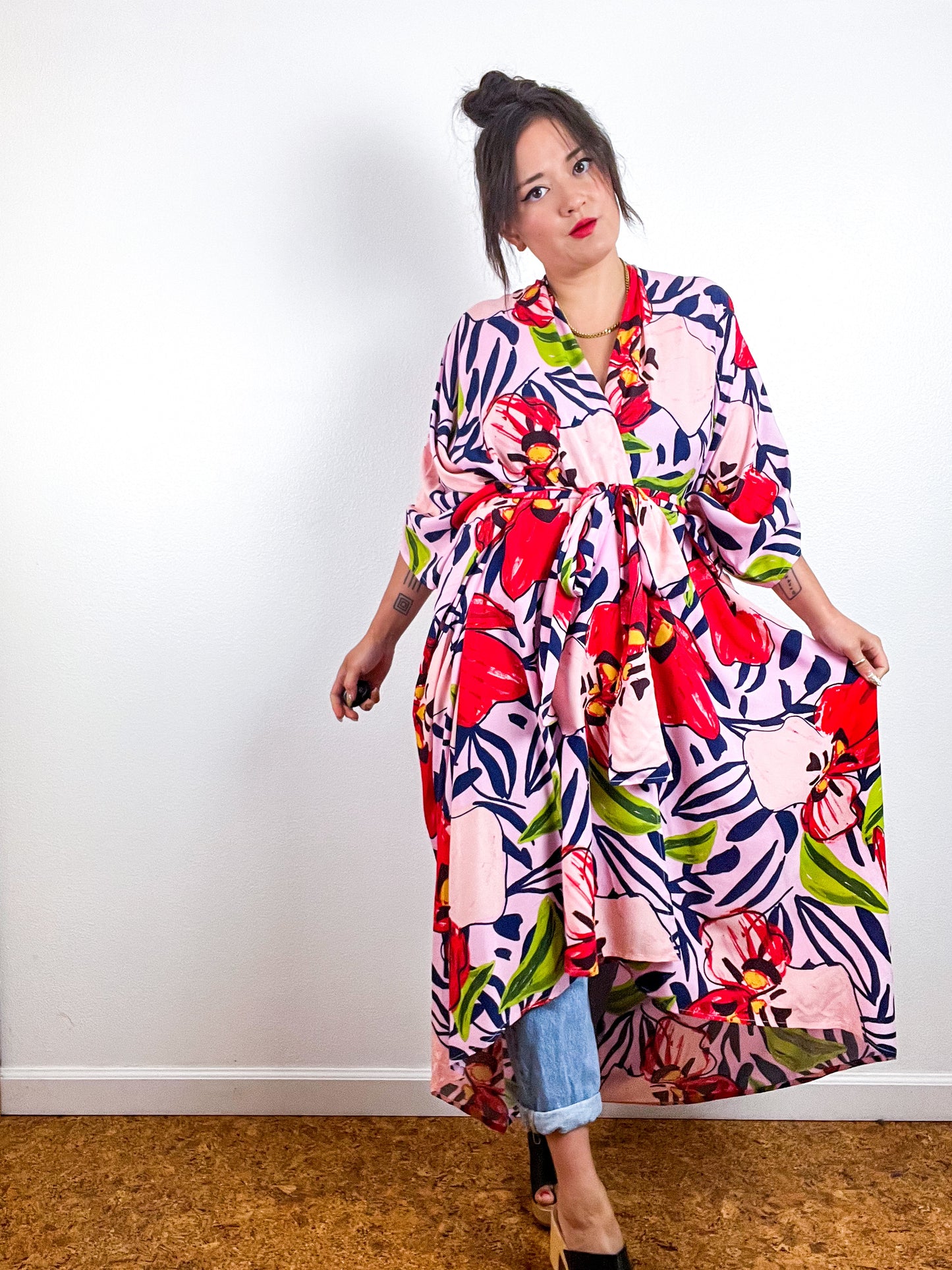 Print High Low Kimono Pink Painterly Orchids Challis