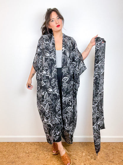 Print High Low Kimono Black White Leaves Chiffon