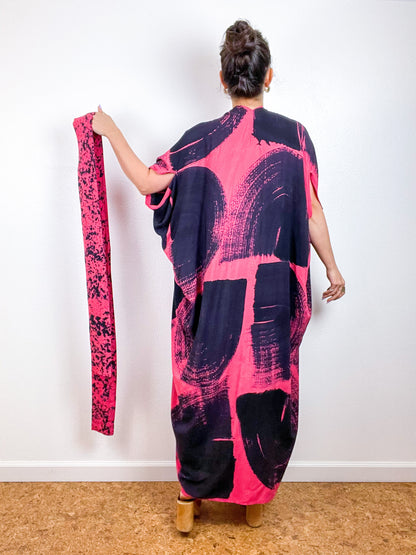 Hand-Dyed High Low Kimono Coral Black Brushstroke