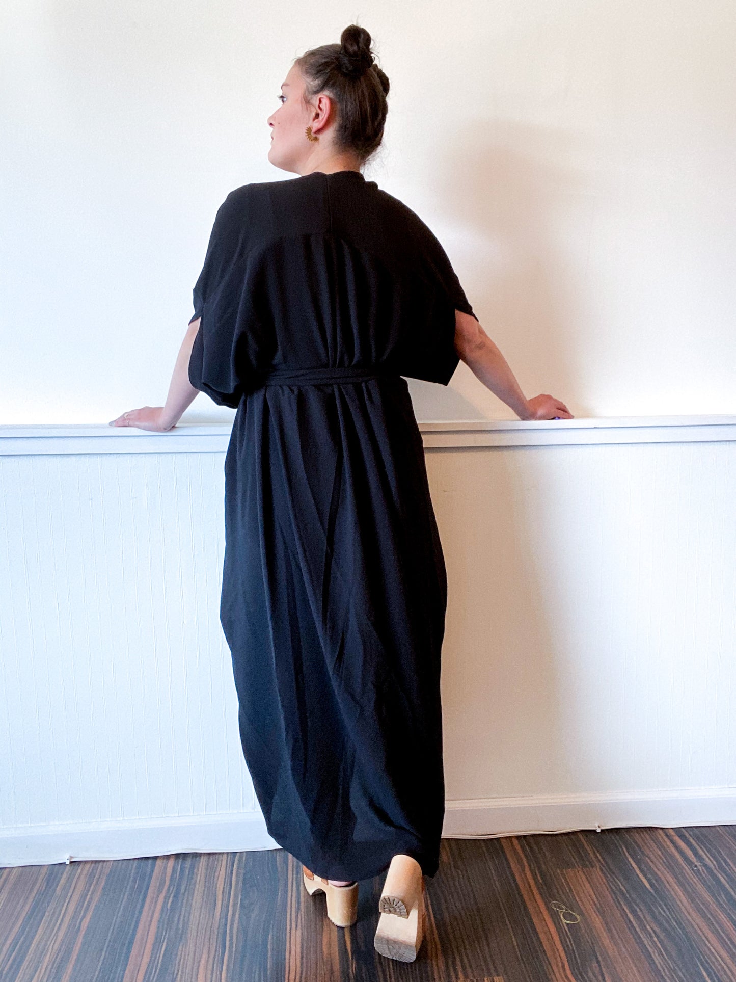 Solid High Low Kimono Black Crepe De Chine