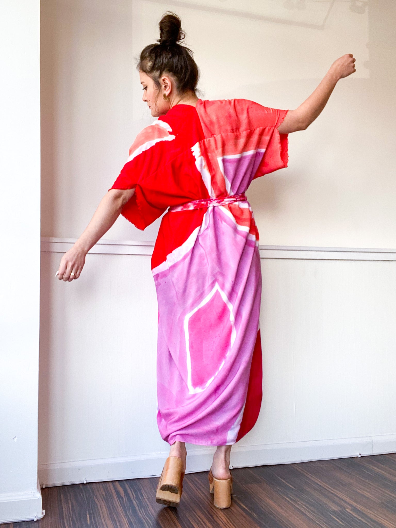 Limited Edition Hand-Dyed High Low Kimono Shape Study Pink Red