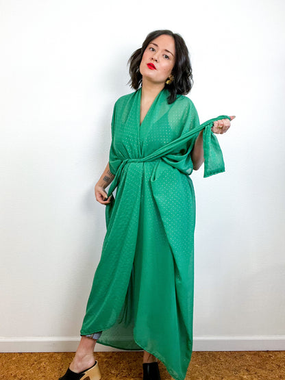 Print High Low Kimono Green Gold Pindot Chiffon