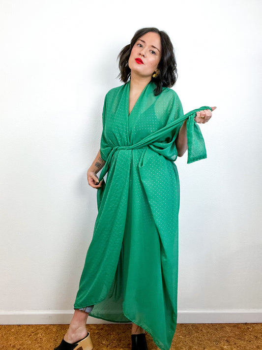 Print High Low Kimono Green Gold Pindot Chiffon