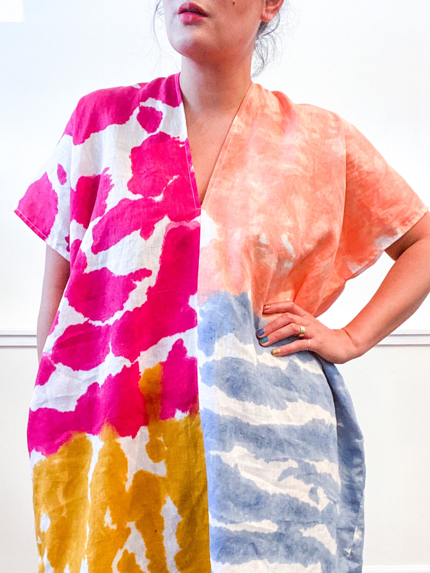 Hand-Dyed Linen Smock Dress Four-Tone