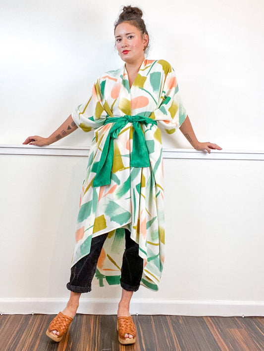 OOAK Hand-Dyed High Low Kimono Emerald Flamingo Amber Sea Gesture