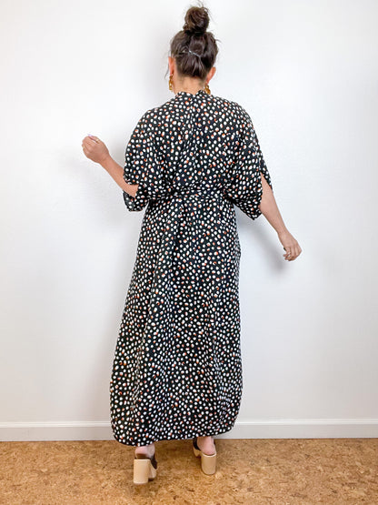 Print High Low Kimono Black White Rust Dots Challis