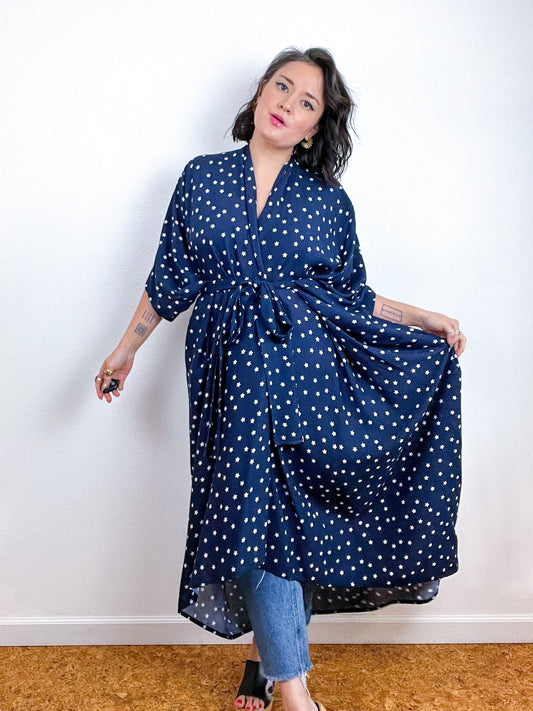 Print High Low Kimono Navy Stars Challis