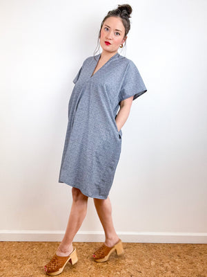 Chambray Smock Dress Grey Embroidered