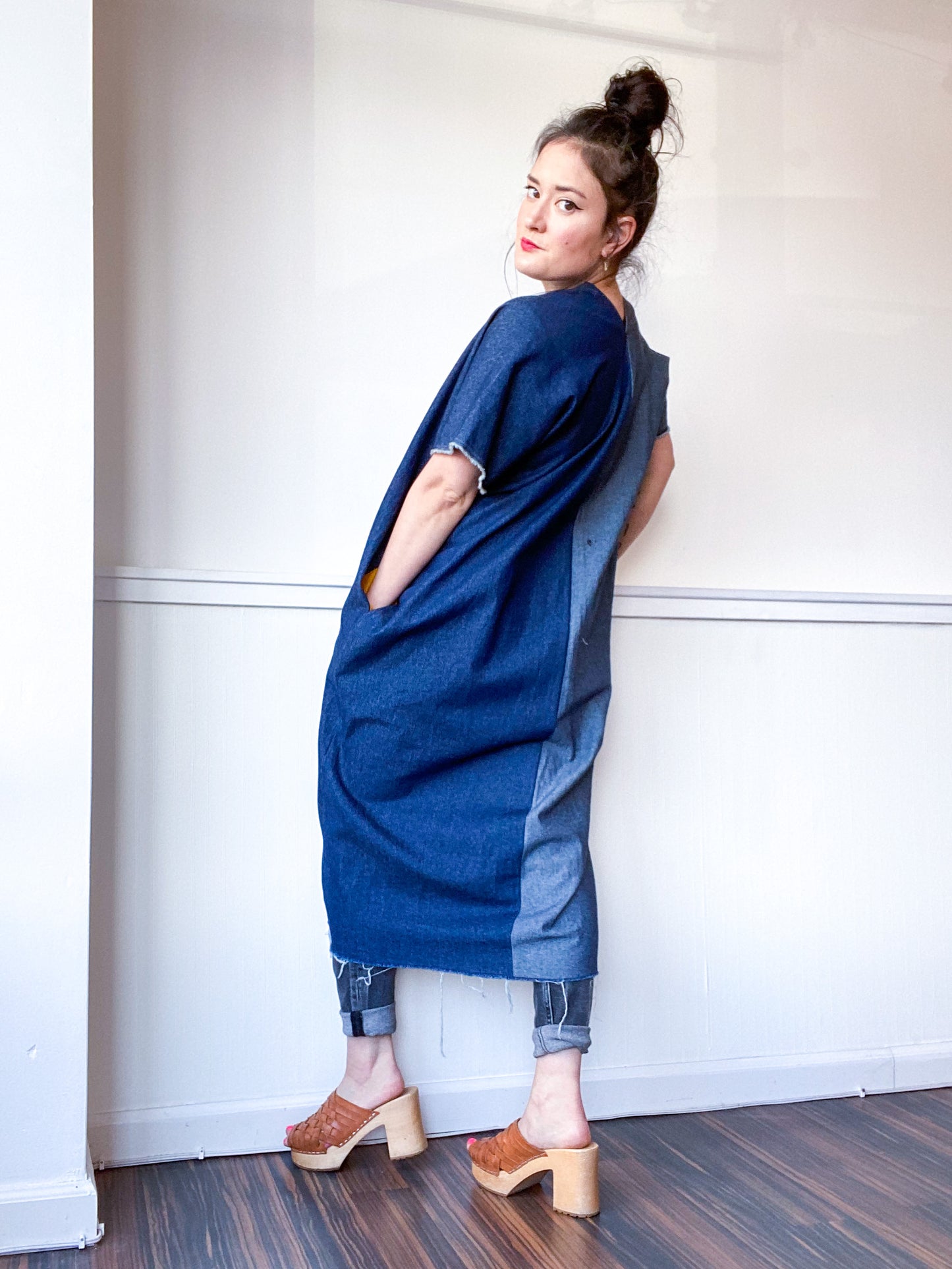 Denim Midi Smock Dress Dark Two Tone Size Medium