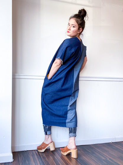 Denim Midi Smock Dress Dark Two Tone Size Medium