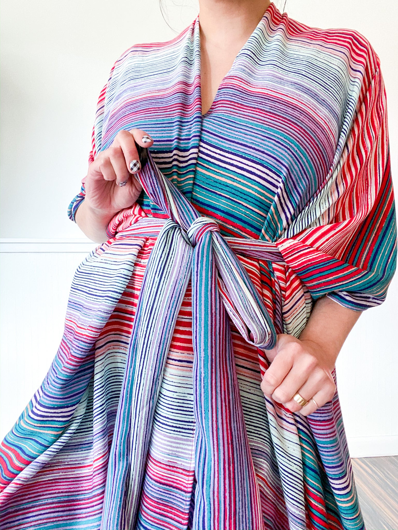 Print High Low Kimono Red Aqua Stripes Crinkle Rayon