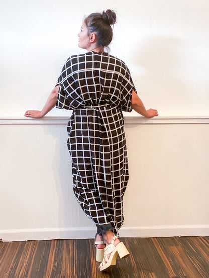 Print High Low Kimono Black Windowpane Rayon Challis