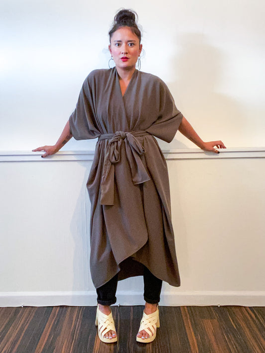 Solid High Low Kimono Neutral Olive Rayon Challis