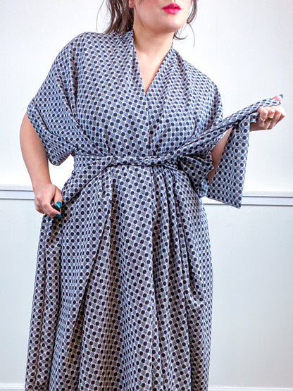 Print High Low Kimono Black White Deco Dots Crepe