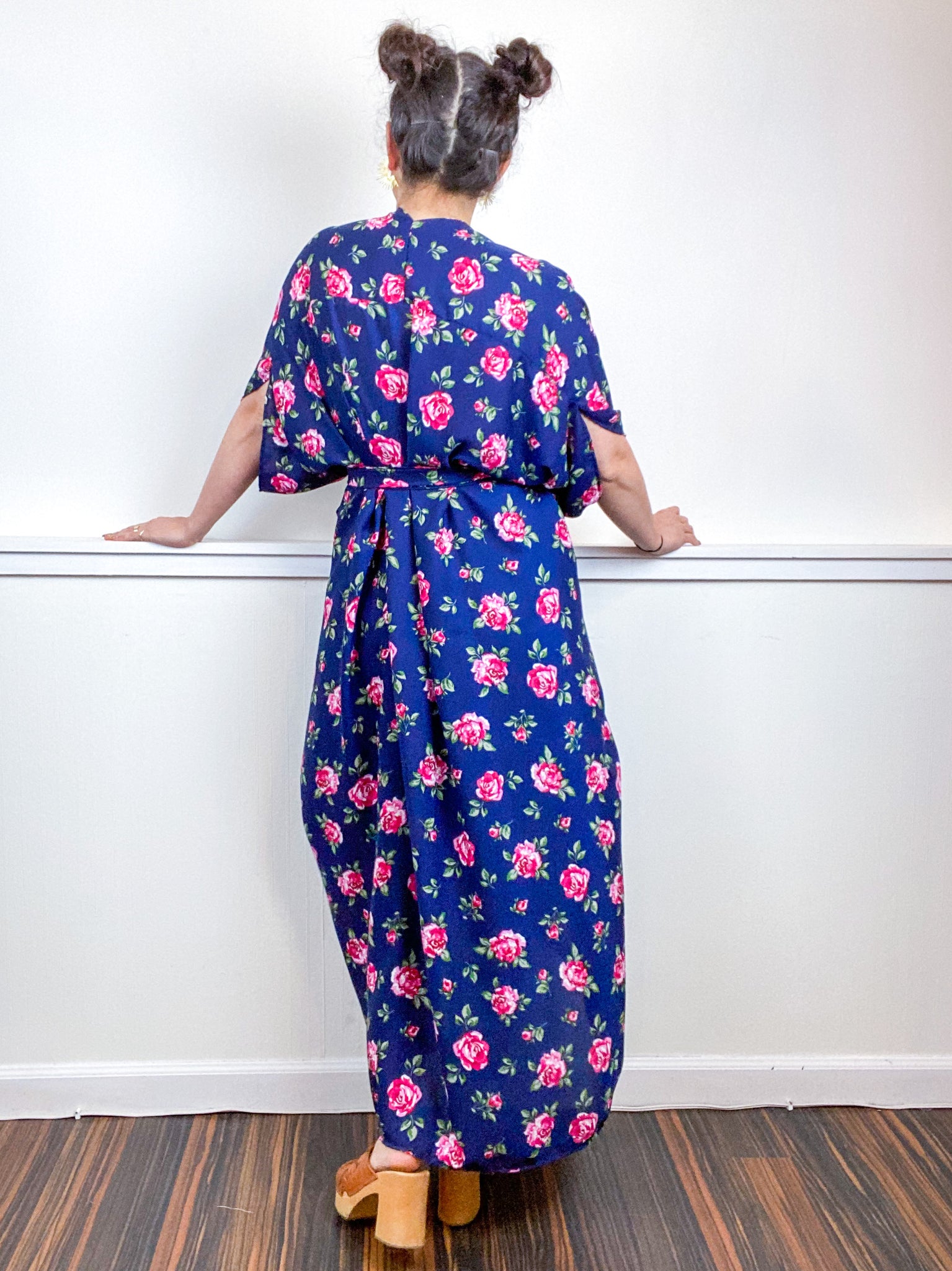 Print High Low Kimono Navy Pink Rose Satin