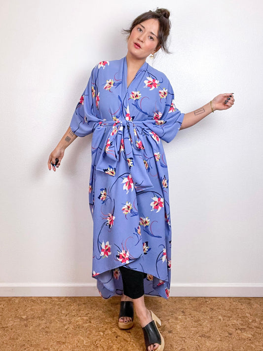 Print High Low Kimono Periwinkle Floral Bubble Crepe