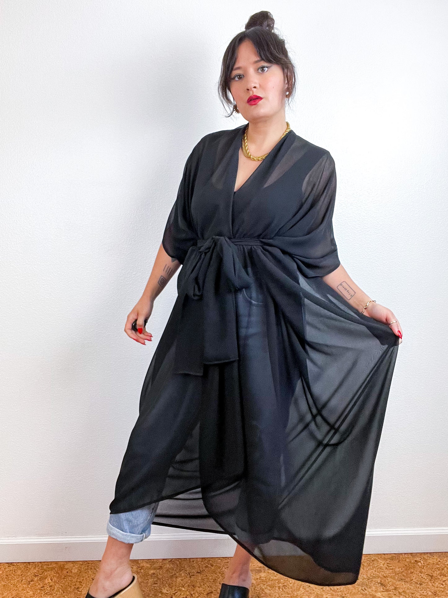 Solid High Low Kimono Black Chiffon