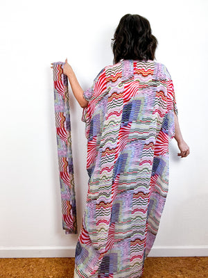 Print High Low Kimono Multi Wavy Lines Chiffon