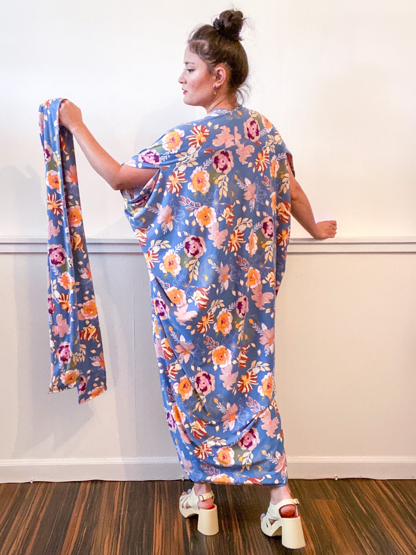 Print High Low Kimono Blue Multi Floral Knit