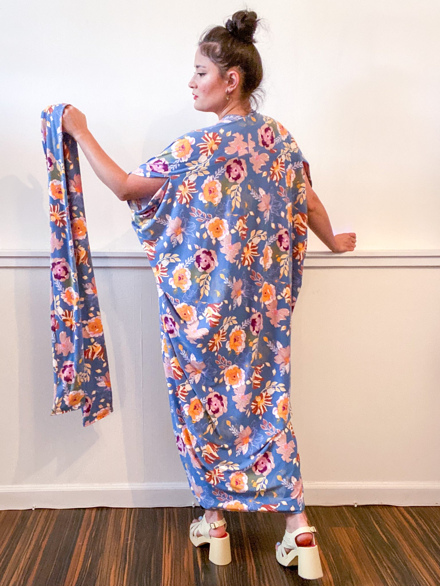 Print High Low Kimono Blue Multi Floral Knit