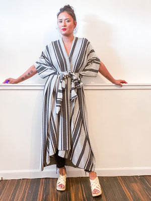 Print High Low Kimono Textured Stripe Jacquard Knit