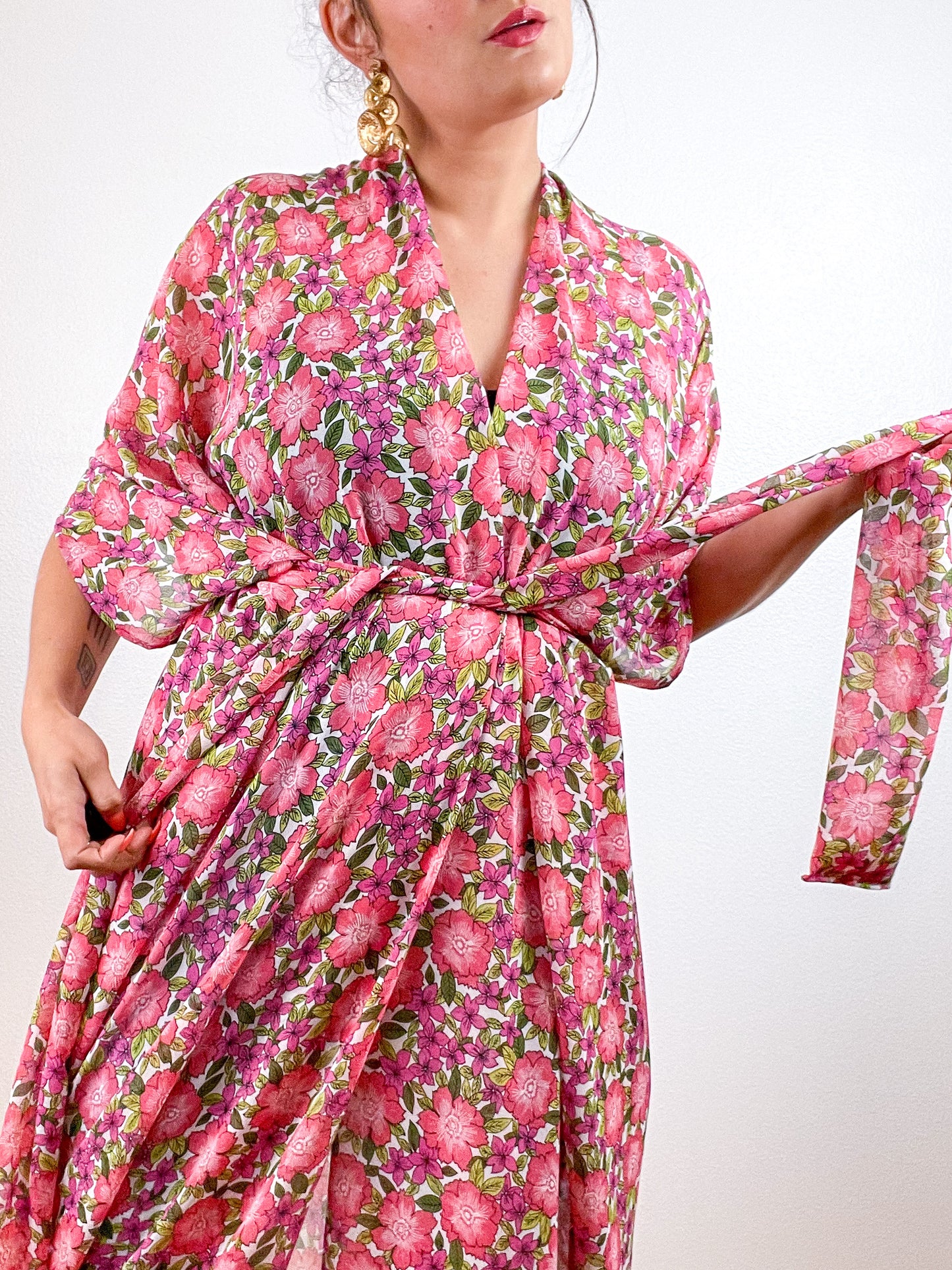 Print High Low Kimono Pink Pansy Floral Chiffon