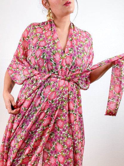Print High Low Kimono Pink Pansy Floral Chiffon