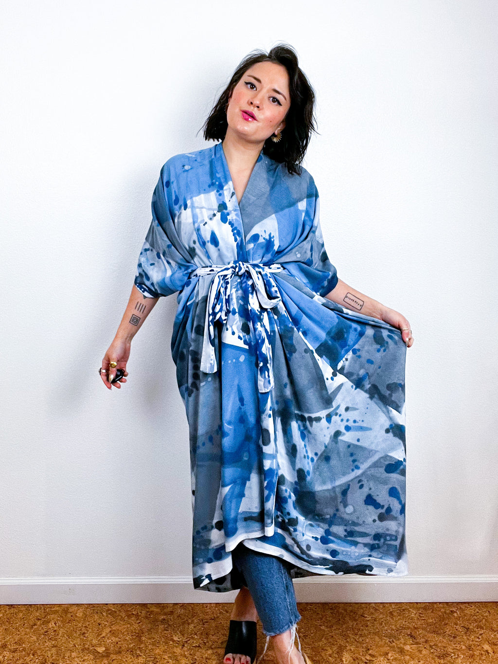 Hand-Dyed High Low Kimono Blue Grey Prism