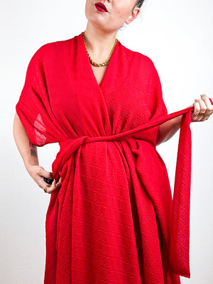 Solid High Low Kimono Red Jacquard Chiffon