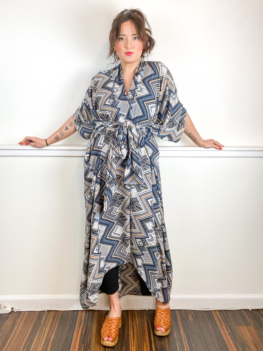 Print High Low Kimono Deco Bubble Crepe