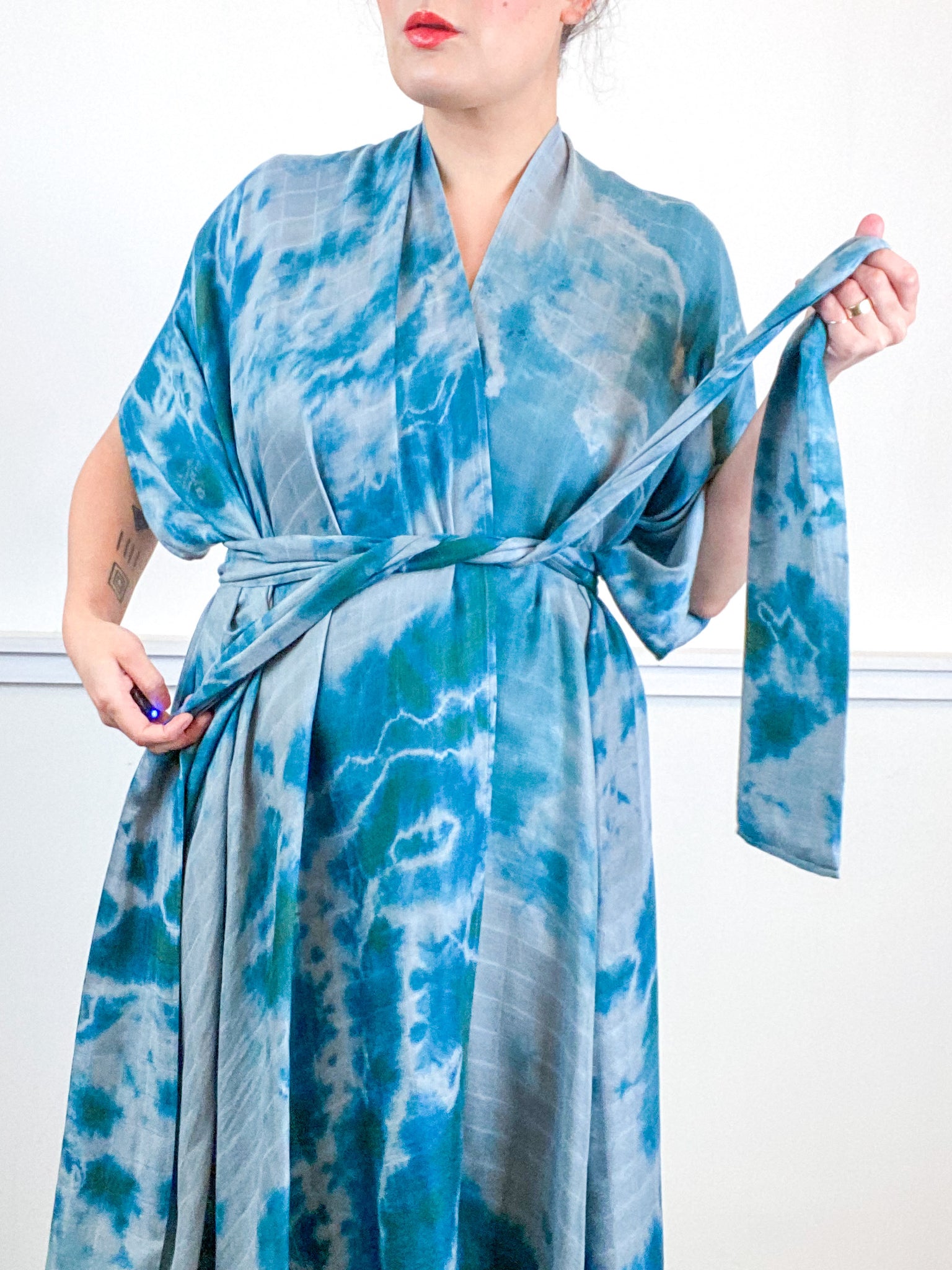 Hand-Dyed High Low Kimono Bamboo Kingfisher