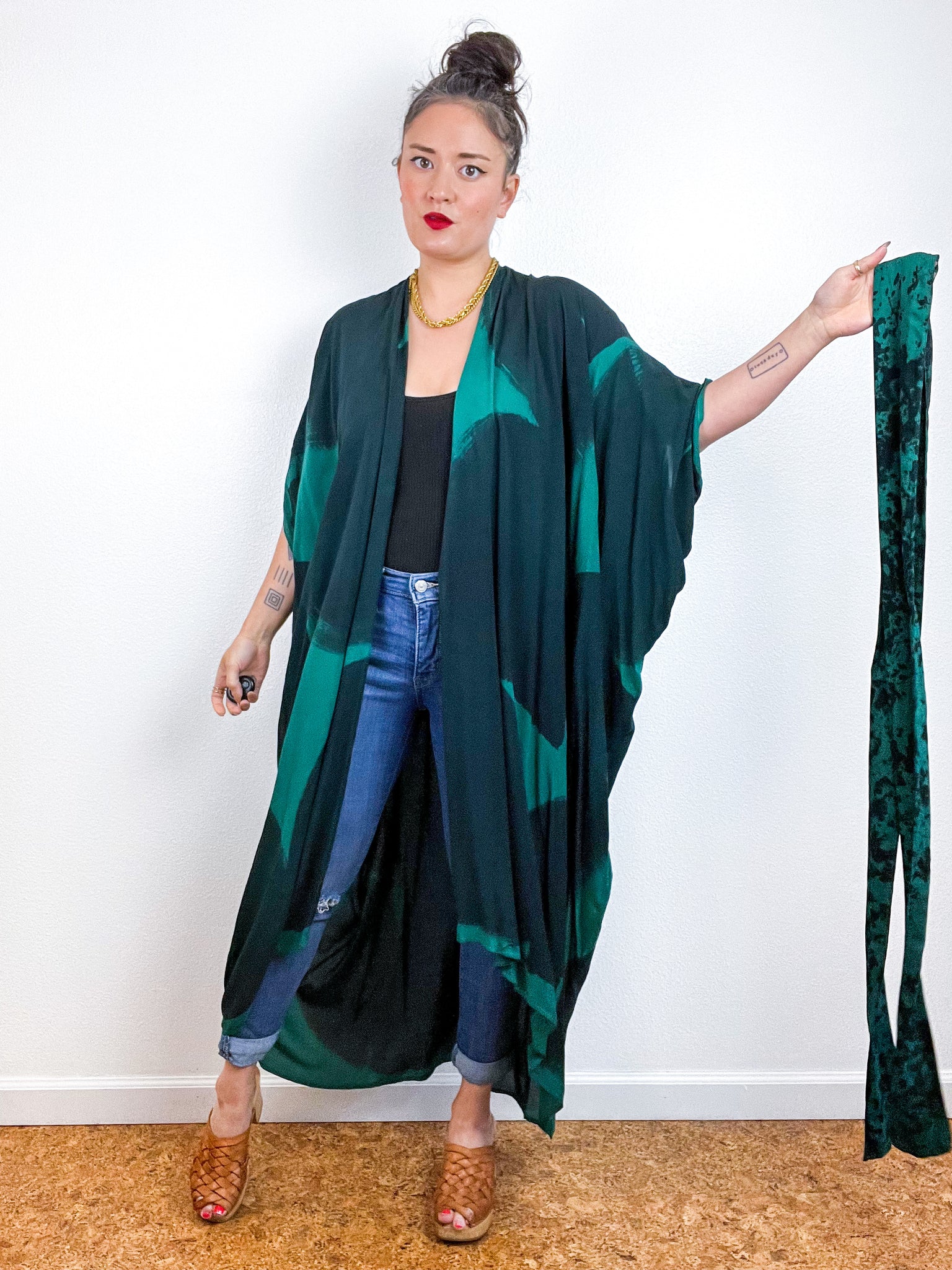 Hand-Dyed High Low Kimono Emerald Black Brushstroke