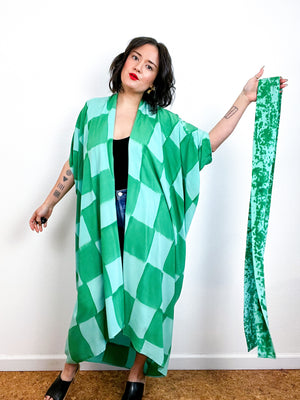 Hand-Dyed High Low Kimono Aqua Green Check