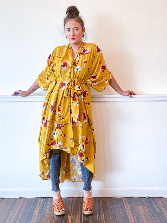 Print High Low Kimono Marigold Floral Rayon Challis