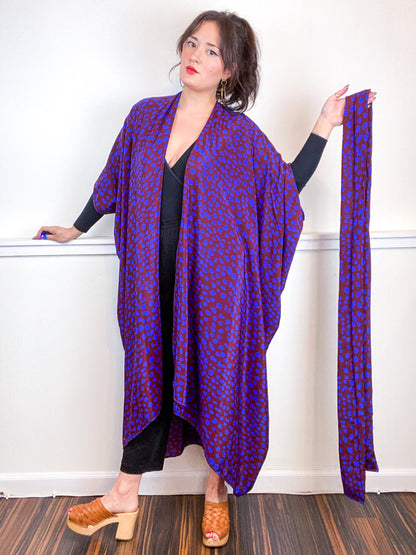Print High Low Kimono Maroon Blue Dots Silk