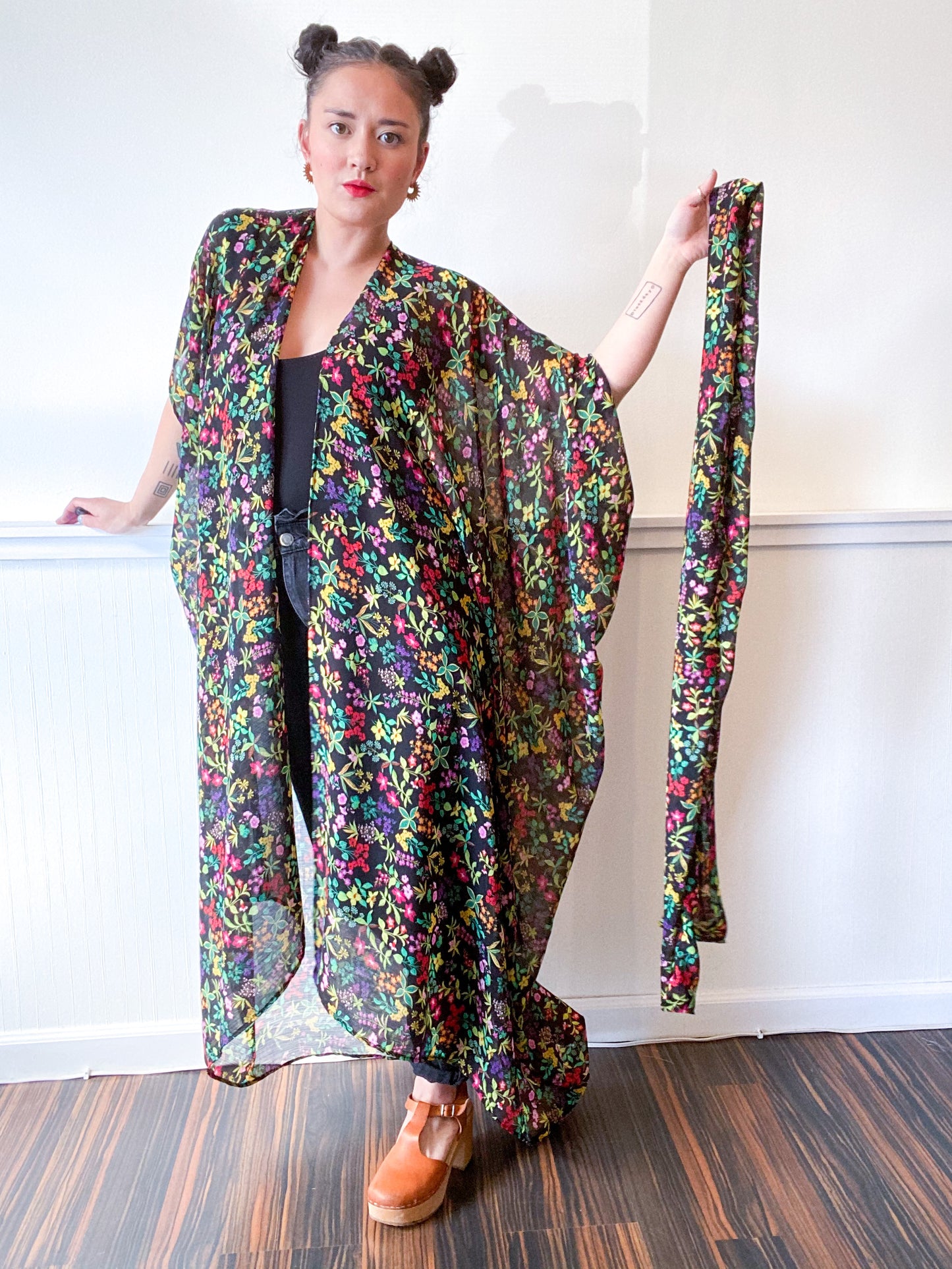 Print High Low Kimono Black Multicolor Floral Crinkle Chiffon