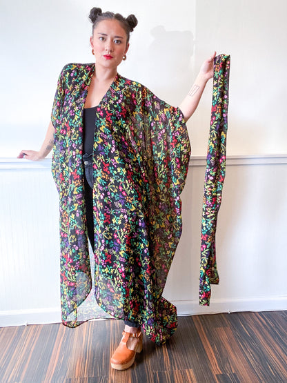 Print High Low Kimono Black Multicolor Floral Crinkle Chiffon