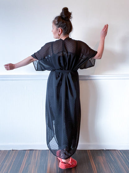 Print High Low Kimono Black Swiss Dot Chiffon