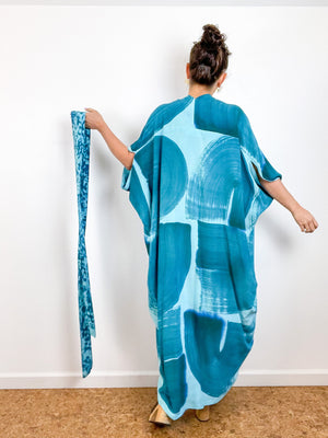 Hand-Dyed High Low Kimono Aqua Teal Brushstroke