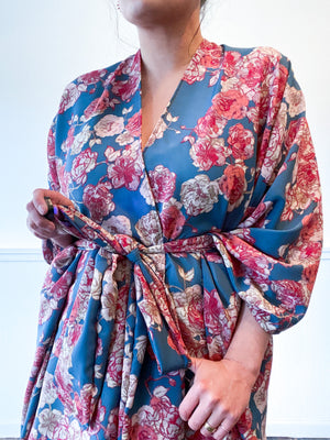 Print High Low Kimono Teal Rose Floral Georgette